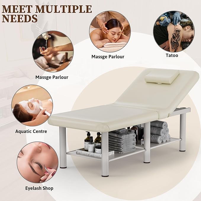 Olela Wide Foldable Massage Table - Professional Massage Table with Adjuatable Backrest & Large Storage Space, Treatment Tables with Metal Frame and Pu Leather for Spa, Beauty, Rehabilitation