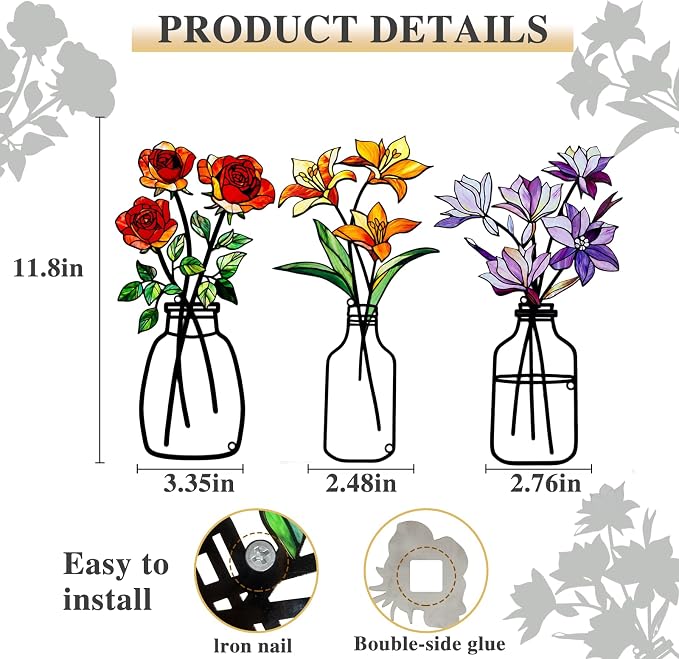 3 Pcs Metal Flowers Wall Arts,Metal Vase Wall Art,Iron Art Painting,Rustic Farmhouse Decor Minimalist Flower Wall Decor for Bedroom Bathroom Living Room Dining Room (Set E)