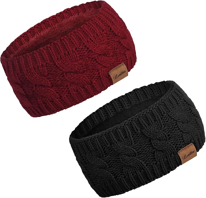 Loritta 2 Pack Headbands for Women Winter Warm Cable Knit Ear Warmer Thick Head Wrap Fuzzy Fleece Lined Gifts
