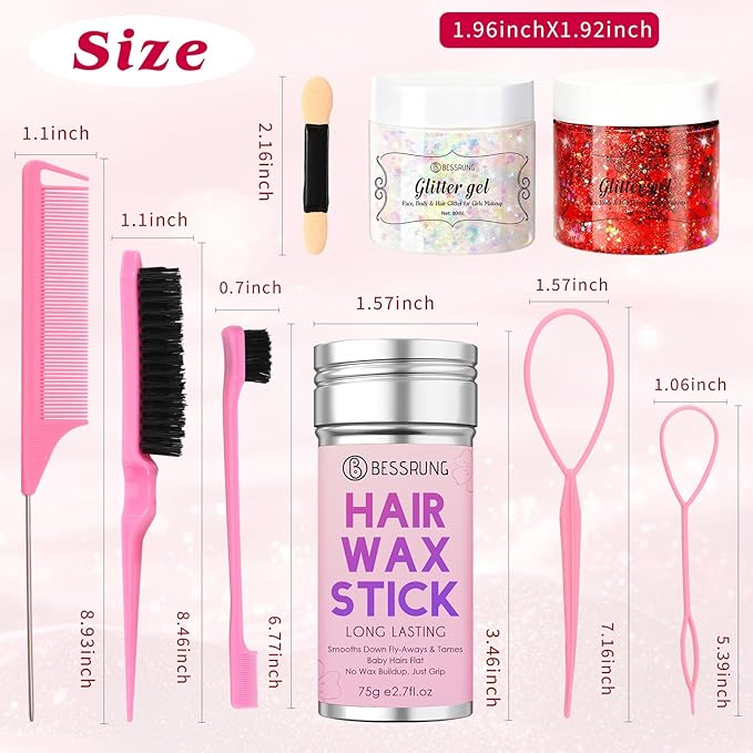 Body Glitter, Face Glitter Hair Glitter for Women Girls, Silver Red Glitter Gel for Makeup, Hair Accessories Kit with Hair Wax Stick, 500 Pcs Toddler Hair Elastic, Hair Styling Kit with Rat Tail Comb