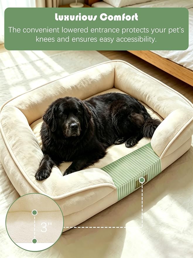 Spotted Play Orthopedic Dog Bed with Sides - Sofa Beds for Extra Large Dogs, Supportive Foam Pet Couch Bed with Washable Removable Cover, Waterproof Lining and Non-Slip Bottom, Ivory - XXL