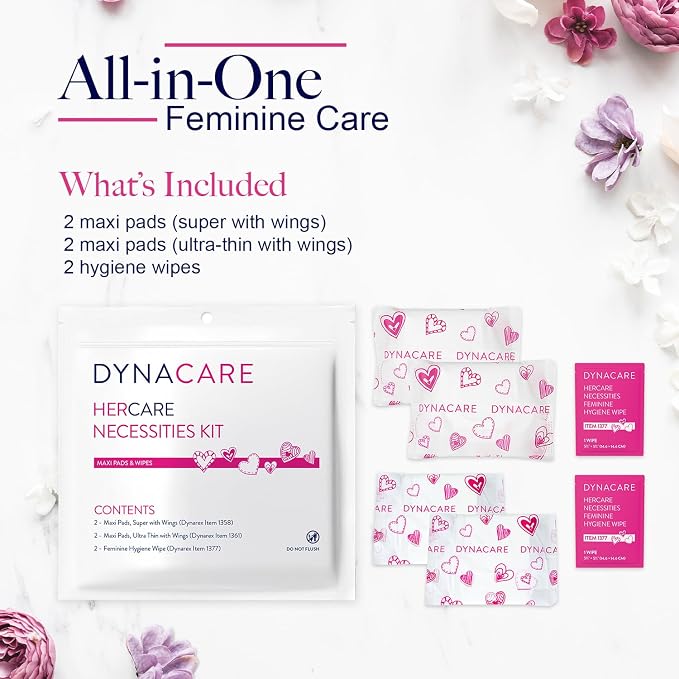 Dynarex HerCare Necessities Menstrual Kits - 50 Count Period Kits with 1 Super Maxi Pad, 1 Ultra-Thin Maxi Pad, 2 Feminine Hygiene Wipes - Travel Essentials for Women & Teens