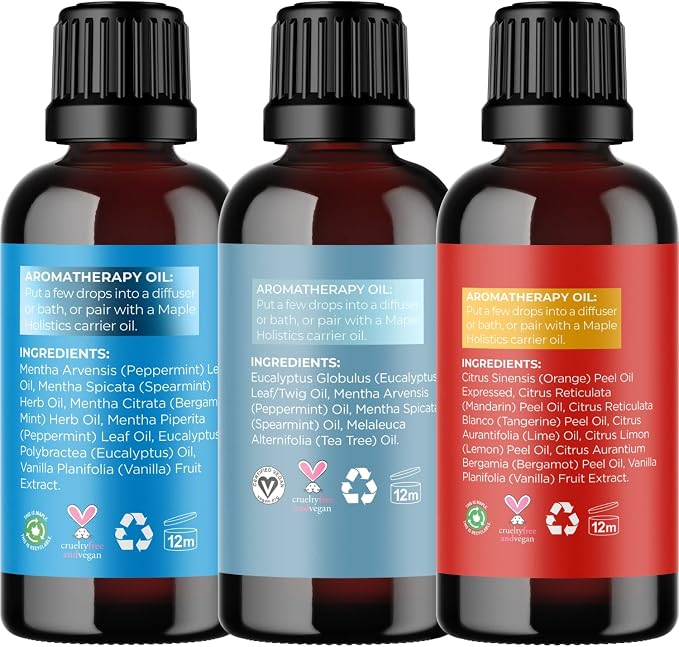 Maple Holistics Essential Oil Set - Breathe Chill and Energize Essential Oil Blends for Diffuser Aromatherapy and Baths - Relaxing Essential Oils for Diffusers for Home
