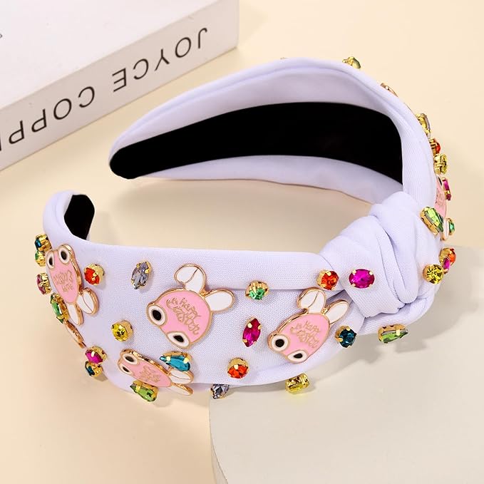 mokkia Easter Headbands Beaded Rabbit Bunny Headband for Women Pink Spring Knotted Headband Easter Hair Accessories Gifts