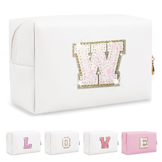 Small Initial Patch Makeup Bag Personalized Gifts Make Up Bag,White Cute PU Leather Glitter Letter Cosmetic Bag with Zipper,Trendy Portable Travel Toiletry Pouch,Preppy Stuff for Teen Girls Women W