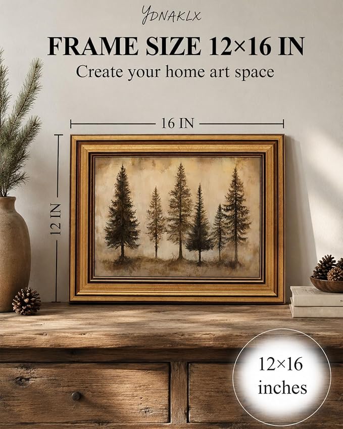 Gold Framed Wall Art, Vintage Pine Trees Canvas Prints, Rustic Nature Woodland Landscape Picture Wall Decor, Country Farmhouse Cabin Artwork for Living Room Bedroom 12x16 inch