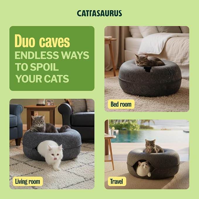 Peekaboo Cat Cave Donut for Multiple & Large Cats up to 30-45 lbs, 3-in-1 Self Warming Cat Bed, Tunnel & Scratcher for Indoor Cats, Washable & Detachable (Dark Gray + Dark Gray, Large)