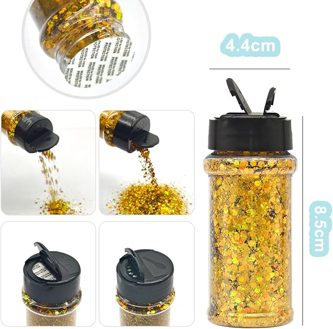 Gold - Craft Glitter - 2oz Glitter Shaker Bright Colorful Holographic Mix Chunky Body Glitter Bulk Wholesale 24 Colors in Shaker Cosmetic Glitter - EBLB200