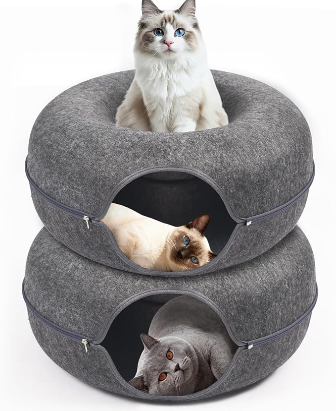 Cat Caves for Indoor Cats, Large Cat Tunnel for Multiple & Large Cats, Scratch Detachable Cave Bed, Kitten Donut Kitty Hideaway Up to 45 Lbs (Dark Grey, Large, 2 Pack)
