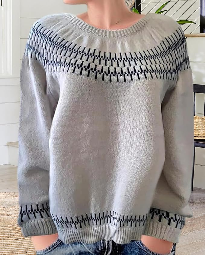Zhyaj Fair Isle Sweater for Womens Winter Long Sleeve Vintage Knitted Sweater Casual Fall Crew Neck Pullover Sweaters