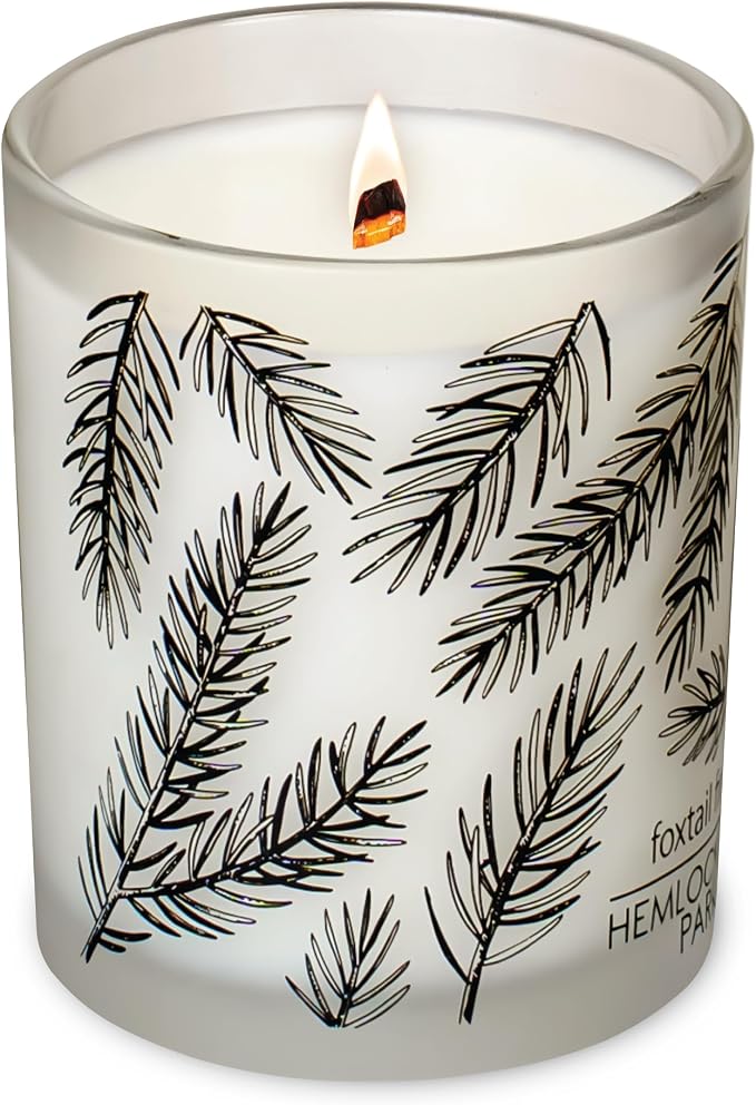 Hemlock Park Foxtail Fir Frosted Scented Candle | Crackling Wood Wick, Botanical Fragrance & Coconut Apricot Wax | Up to 50 Hour Burn Time | 7.2 oz | Made in USA