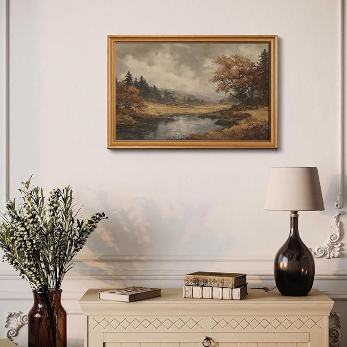 Vintage Gold Framed Wall Art Fall Forest Lake Landscape Painting Wall Decor | Autumn Scenery Pictures Canvas Art Farmhouse Cottagecore Small Framed Prints Artwork for Bookshelf Hallway Gallery Wall