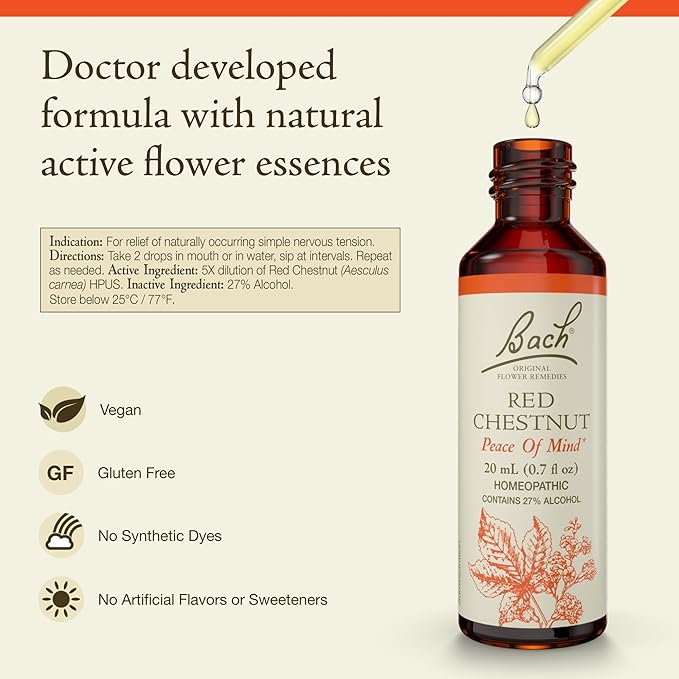 Bach Original Flower Remedies, Red Chestnut - Peace of Mind - Natural Homeopathic Flower Essence for Emotional Balance - Vegan, Gluten Free, Sugar Free - 20mL Dropper