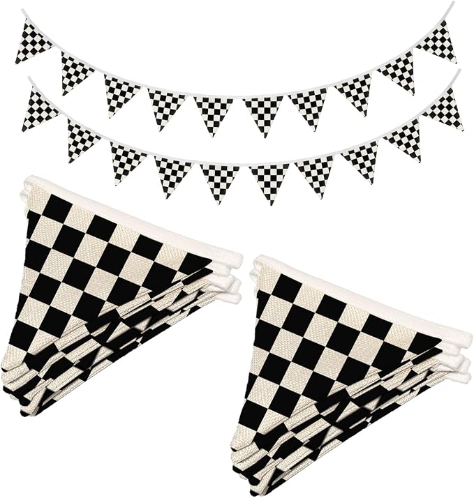 Boys Room Wall Art Decor,Cars Room Decor for Toddler Nursery Playroom, Black and White Checkered Garland Banners,(Set of 2）Racing Flags 11Ft Bunting Flags Fabric for Baby Shower Birthday Party