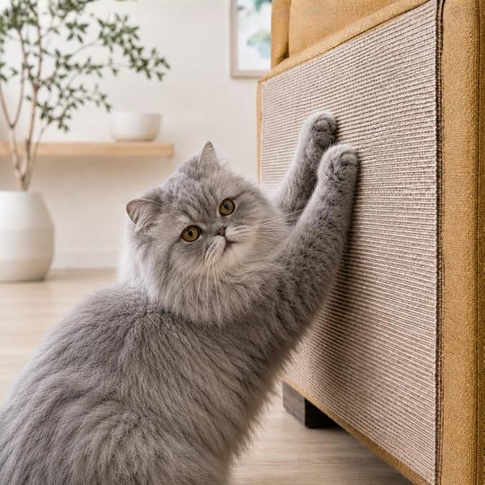 Catify Peel & Stick Cat Scratching Mat - Beige, L:39" | 39" x 15", Self-Adhesive Scratch Carpet, Furniture Protector for Couch, Sofa, Wall & Door, Indoor Kittens & Cats