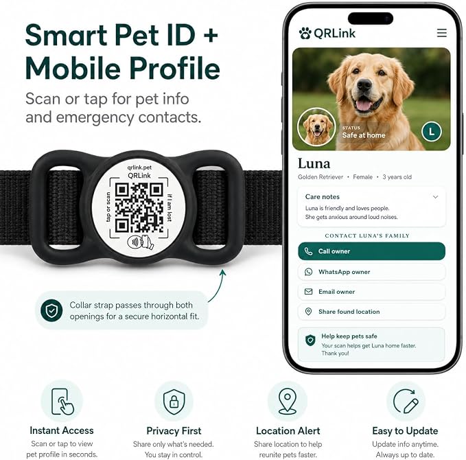 Smart Pet ID Tag for Dog Collar with NFC & QR Code | Silent Silicone Holder, Waterproof & Easy Clean, No App or Subscription, Secure Horizontal Fit, Online Pet Profile
