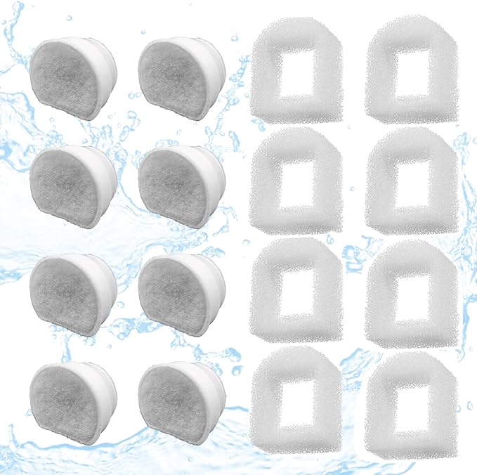 16 Pack Pet Fountain Replacement Filters, 8 Carbon and 8 Foam Pre-Filters | For Select Ceramic and Stainless Pet Fountains; Carbon Reduces Odors, Foam Catches Hair and Debris to Support Pump Care