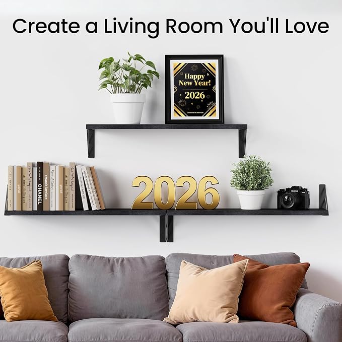BAYKA Wall Mounted Floating Shelves, Wood Floating Wall Shelf for Books & Decor, Small Space-Saving Display & Organizer（Black，23in，Set of 3）