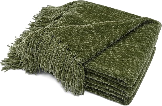 RECYCO Chenille Throw Blanket for Couch, 60"x80", Loden Green | Super Soft Knit Throw Blanket with Fringe Tassels, Lightweight Knitted Throw, Cozy, Ideal for Sofa Chair Bed Living Room Gift