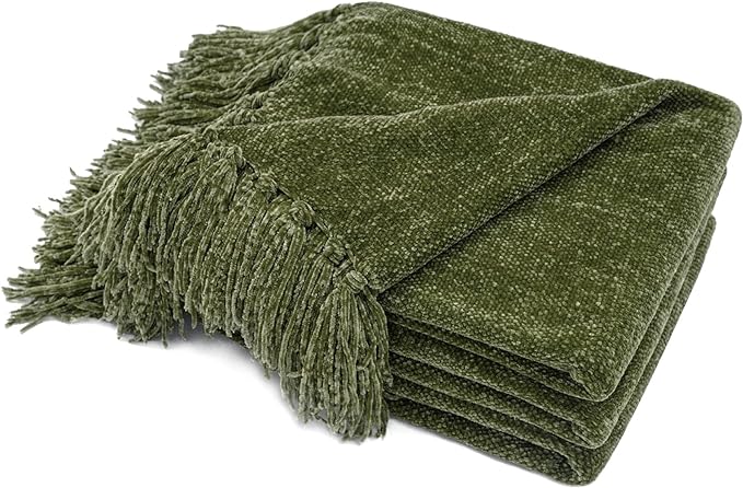 RECYCO Chenille Throw Blanket for Couch, 50"x60", Loden Green | Super Soft Knit Throw Blanket with Fringe Tassels, Lightweight Knitted Throw, Cozy, Ideal for Sofa Chair Bed Living Room Gift