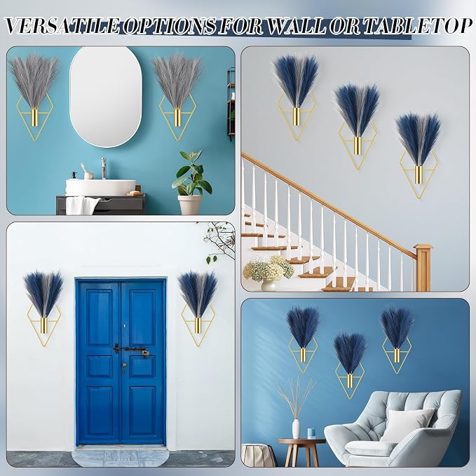 Hanaive 4 Sets Boho Wall Decor Metal Wall Art Hanging Planters with Artificial Pampas Display Modern Home Vase for Bedroom Home Office(Soft,Blue,Light Gray)