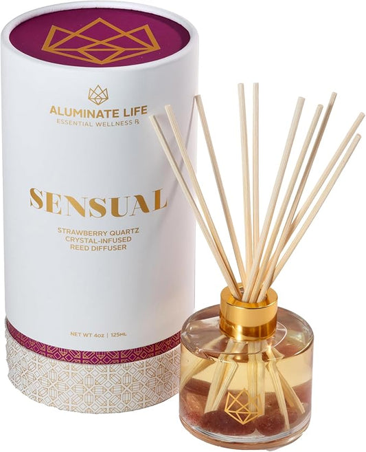 Crystal Infused Reed Diffuser, 4 OZ, Sensual - Strawberry Quartz Crystal Infused - Scents of Star Anise, Rose, Sichuan Pepper & White Musk - Valentine's Day Gift