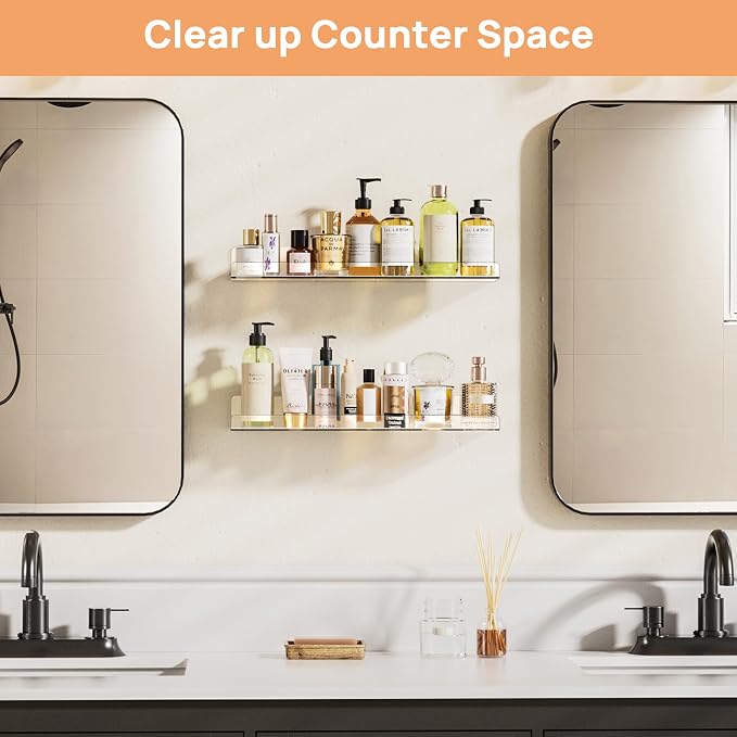 upsimples 2 Pcs 15" Acrylic Shelves for Wall Display and Storage, Clear | Transparent Design Highlights Skincare, Perfume, Easy-to-Find Versatile Floating Shelves for Bathroom, Bedroom and Playroom
