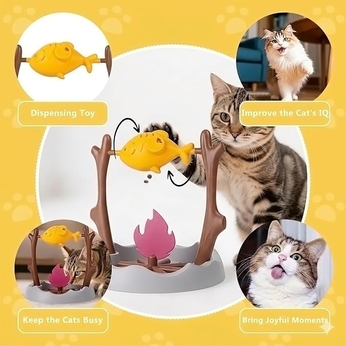 Cat Slow Feeder, Interactive Cat Puzzle Toy Treat Dispenser - BBQ Campfire Grill Design, Adjustable Rotating Fish Flame Mental Stimulation Food Dispensing Toy for Indoor Cats Kittens-Fat Fish