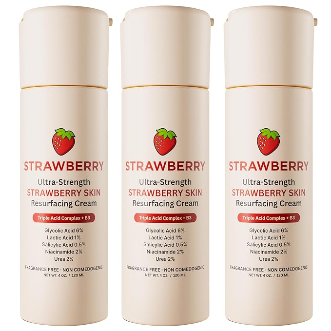 STRAWBERRY® Resurfacing Cream for Keratosis Pilaris - KP Bump Eraser Skin - Exfoliating Lotion with Glycolic, Lactic & Salicylic Acid - Remover for Rough & Bumpy Skin 12 oz (3 pack)