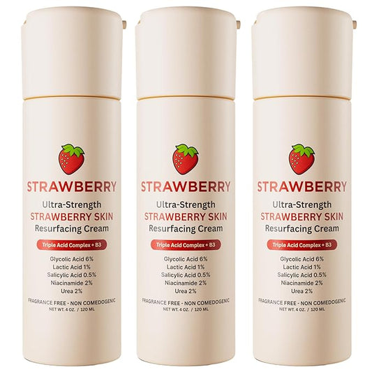 STRAWBERRY® Resurfacing Cream for Keratosis Pilaris - KP Bump Eraser Skin - Exfoliating Lotion with Glycolic, Lactic & Salicylic Acid - Remover for Rough & Bumpy Skin 12 oz (3 pack)