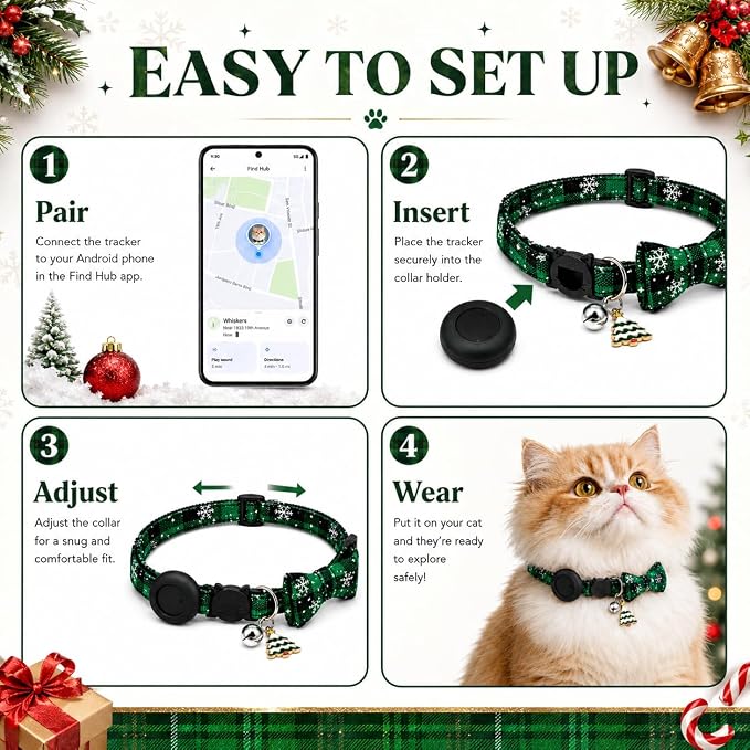 Cat Tracker GPS for Android, Pet GPS Tracker Collar for Cats No Subscription, IP67 Waterproof Cat Collar with Tracker Compatible with Google Find Hub – Replaceable 1-Year Battery, Android Only (Green)