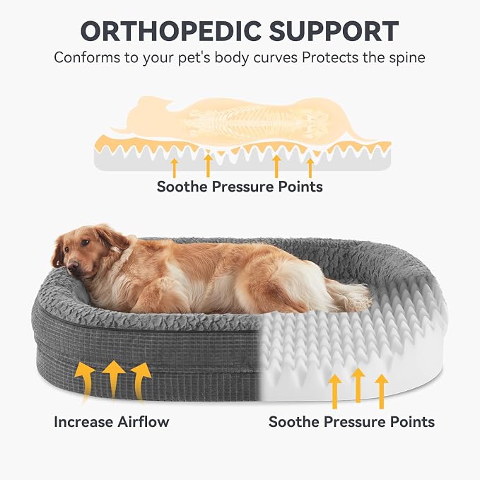 JOEJOY Orthopedic Dog Bed for Extra Large Dogs, XXL Egg-Crate Memory Foam Pet Bed with Bolster Sides, Waterproof Lining, Removable Washable Cover & Non-Slip Bottom, Grey