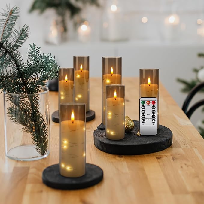 24-Pack Gray Flameless Candles with Remote, Battery Powered LED Candles with Embedded Star String Lights & Realistic Flickering Flame, Timer for Christmas Home Wedding Fireplace Mantle Decor