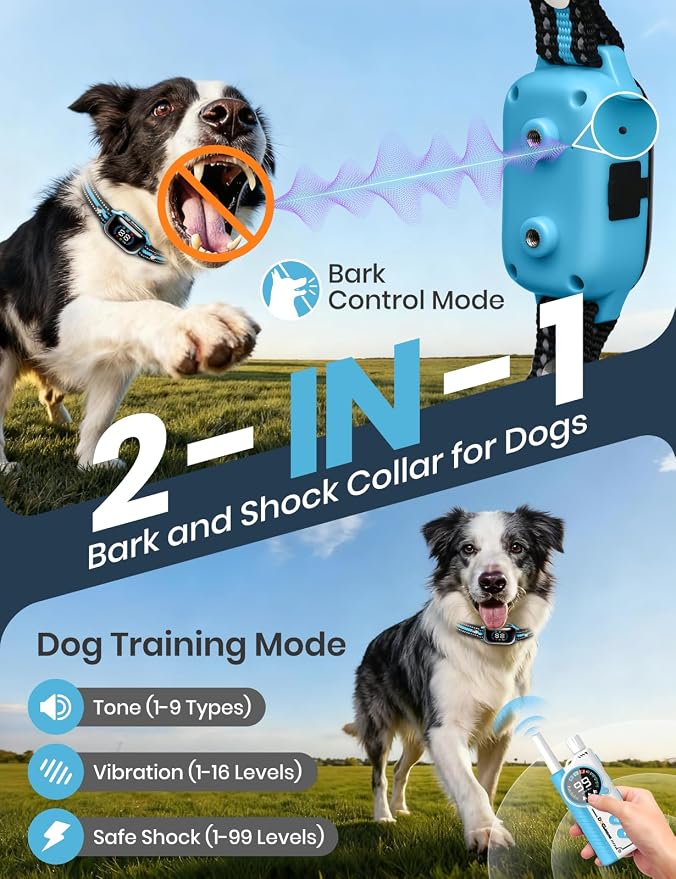 Smart 2-in-1 Dog Shock and Bark Collar - AI Anti-Misoperation | 3300FT Remote Training Collar, IPX7 Waterproof, 4 Modes (Tone, Vibration, Safe Shock, Auto Anti-Bark) for Dogs