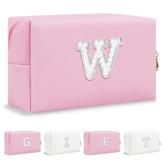 ChaoGreat Bride Gifts – Personalized Initial Makeup Bag with Pearl Rhinestone Patch, Preppy Pink Monogram Cosmetic/Toiletry Pouch, bridesmaid Gifts, Bridal Shower Gifts, Wedding Gifts, Bridal Gifts,W