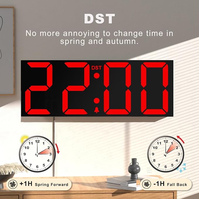 JALL 22" Large Digital Wall Clock, Big LED Number Dispaly, DST, Night Light for Classroom, Living Room, Bedroom, Mounted, Birthday Xmas Gift for Senior, Mem Womem Mom Dad, Red