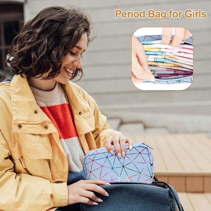 Likesing Period Bag for Girls Womens, Leather Sanitary Napkin Storage Bag, Portable Menstrual Pad Bag Period Pads Pouch, Small Make Up Bags(Colorful Blue)