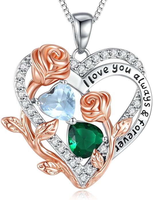 I Love You Birthstone Necklace, 925 Sterling Silver Heart Pendant with CZ Diamond Stones, Birthday Gifts for Women, Romantic Gift for Wife, Girlfriend, Her, Anniversary, Valentine's Day, Christmas