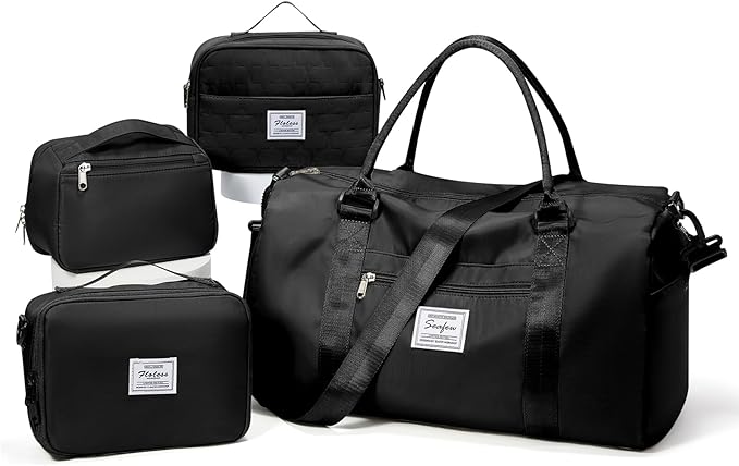 Gym Bag Womens Mens with Shoes Compartment Travel Duffel Bag for Women for Plane Sport Gym Tote Bags Swimming Yoga Weekend Overnight Carry on Bag Hospital Holdalls 4Pcs Set Black