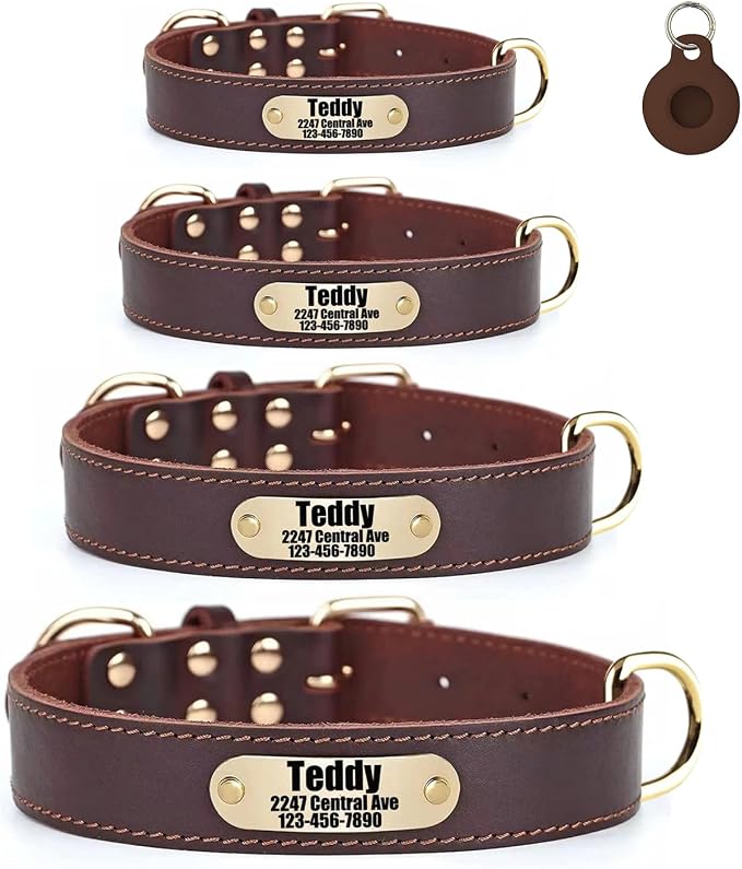 Personalized Genuine Leather Dog Collar with Name & Phone Number-Brown M