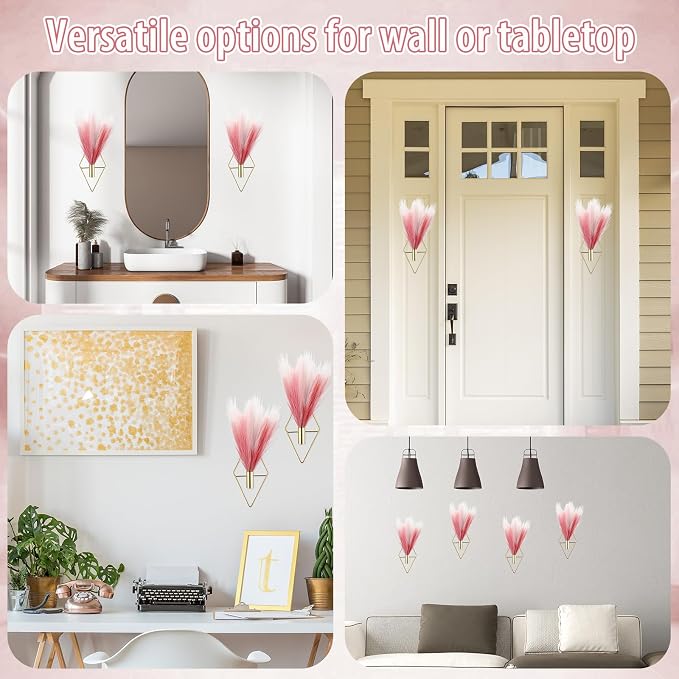 Hanaive 4 Sets Boho Wall Decor Metal Wall Art Hanging Planters with Artificial Pampas Display Modern Home Vase for Bedroom Home Office(Sweet,Bean Paste Color, Beige, Light Pink)