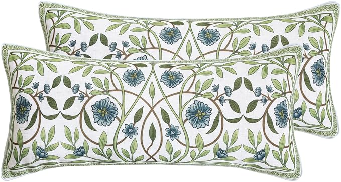 Designer Linen Throw Pillow Cover,Set of 2,28"x12"-Mosella A | Vintage Elegant Rectangle Decor Pillow Cover,Concealed Zipper Design,Floral Pattern,Sofa,Bedroom,Living Room,Lounge Chairs