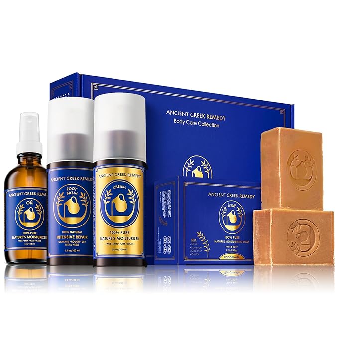 Ancient Greek Remedy Organic Spa Gift Set - Body Oil, Face Moisturizer, Foot Balm & 2 Soap Bars - Lavender Scented Skin Care Gift Basket for Women - Perfect for Christmas, Birthdays & Self Care