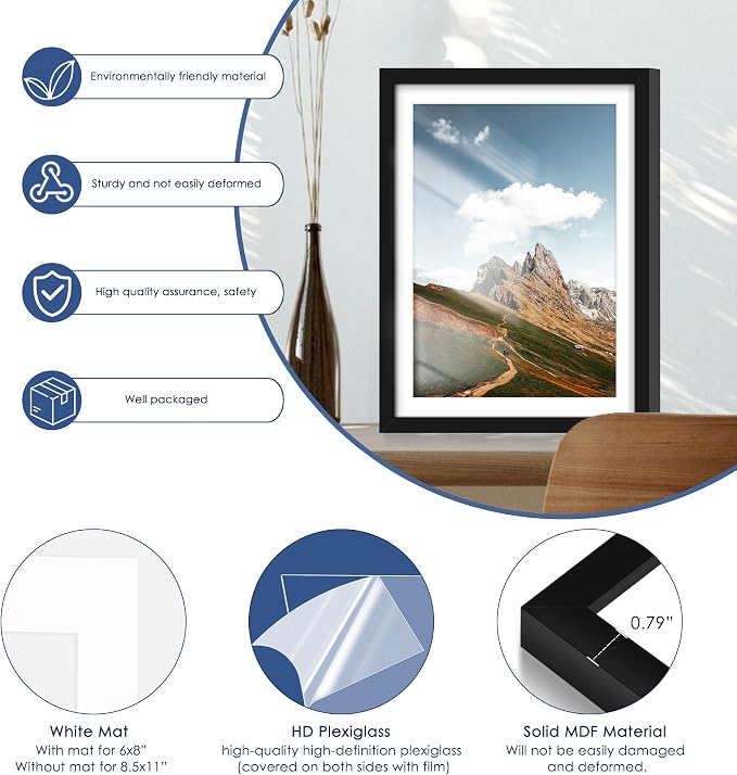 10x13 Picture Frame Set of 6, Wall or Tabletop Display, Black | Display Pictures 9x12 with Mat or 10x13 Without Mat, Horizontal or Vertical, Gallery Wall Frame Set, Wedding Birthday Gifts