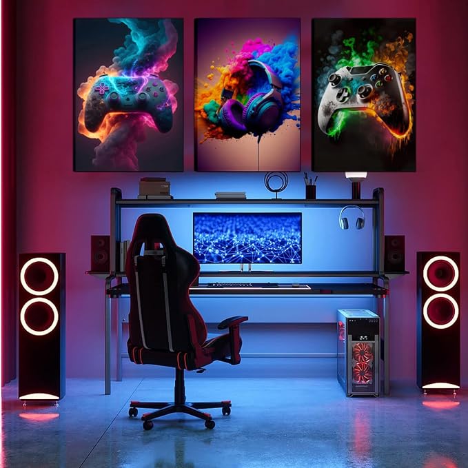 BGFCE Gaming Room Decor Canvas Wall Art Set of 3 - Cool Video Gaming Theme Wall Decor, Gamer Paintings Picture Print for Teen Boys Room 16x24 inch Framed