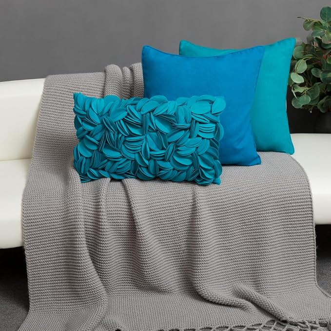 KINGROSE 3D Flower Pillow Case Handmade Decorative Throw Pillow Cover Solid Rectangular Cushion Cover for Sofa Couch Bed Living Room 12 x 20 Inches Wool Dark Cyan
