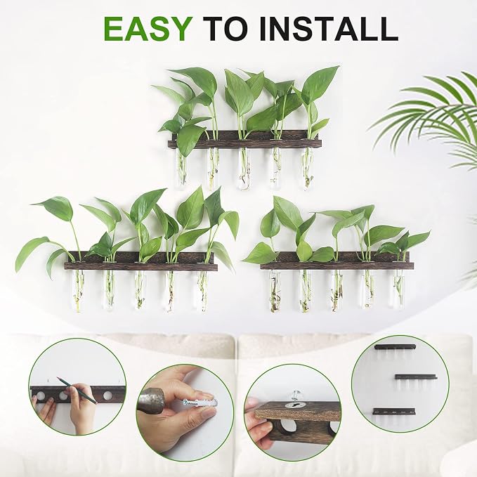 Wall Hanging Plant Propagation Station 15 Glass Test Tubes - Brown | 3 Tiered Vase Planter for Hydroponic Home Garden Office Decor, Gardening Gifts for Women Plant Lover