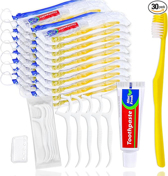 Xuezoioy 30 pcs Disposable Toothbrushes with Toothpaste and Floss Set,Yellow Individually Wrapped Bulk Single Use Toothbrush Floss Cover Travel Toothbrushes Kit with Zip Bag for Homeless,Hotel,Guest