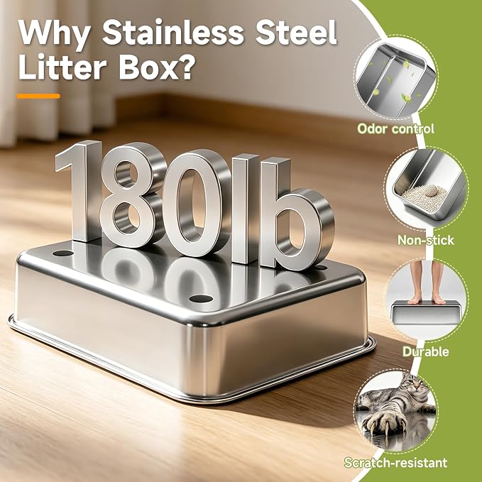 Stainless Steel Litter Box with High Sides, Include Scoop, Black | Easy Cleaning Anti-Urine Leakage Non-Sticky Open Top Low Entry
