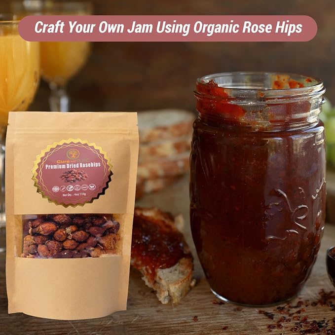 Cure wid Pure Whole Dried Rose Hips 4oz in Eco-Friendly Resealable Bag Rich in Vitamin C & Antioxidants -Non-GMO,Preservative-Free Rose Hips Dried Organic For Jams,Jellies & More